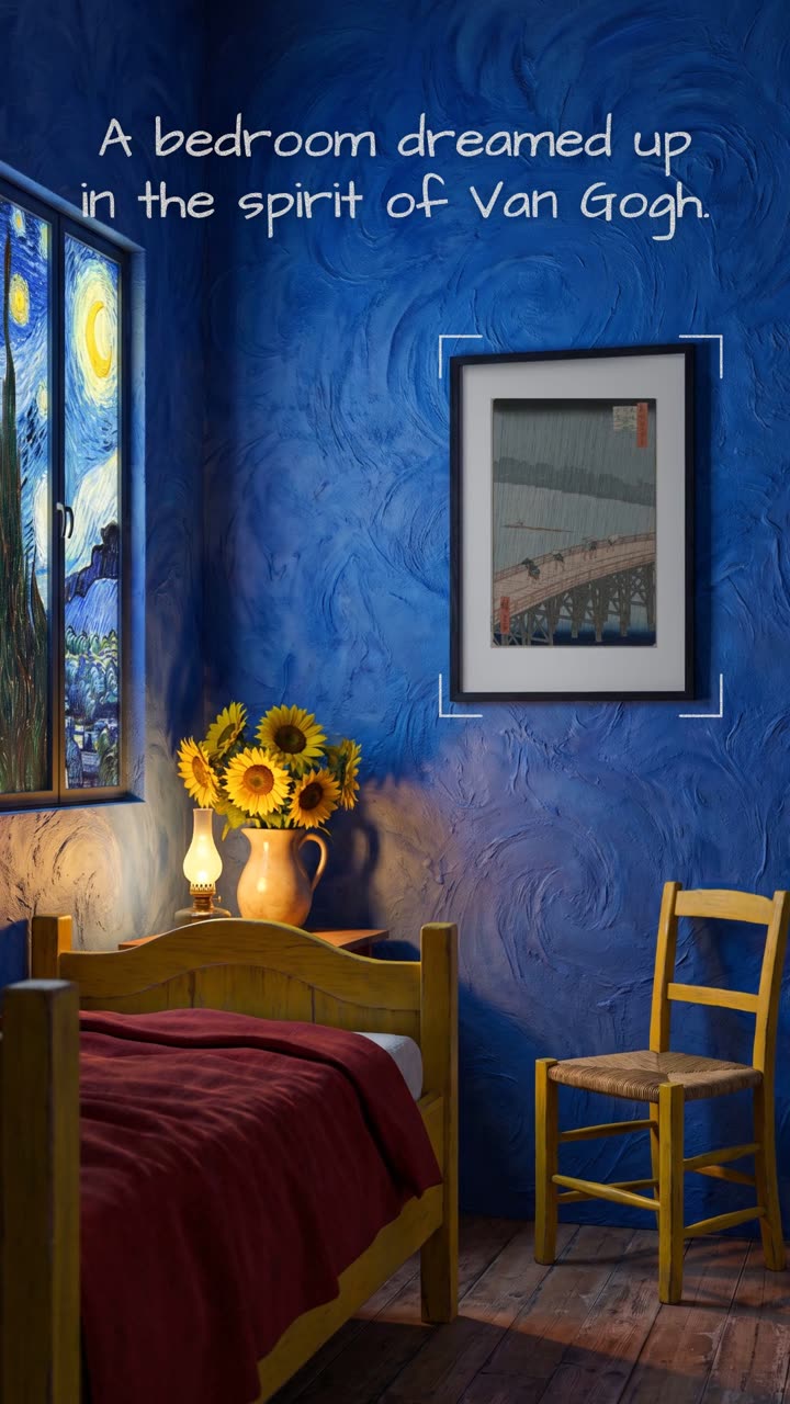 Imagined rooms, real art – Dream rooms in the spirit of Van Gogh, Klimt and Monet, each with one real print on the wall.