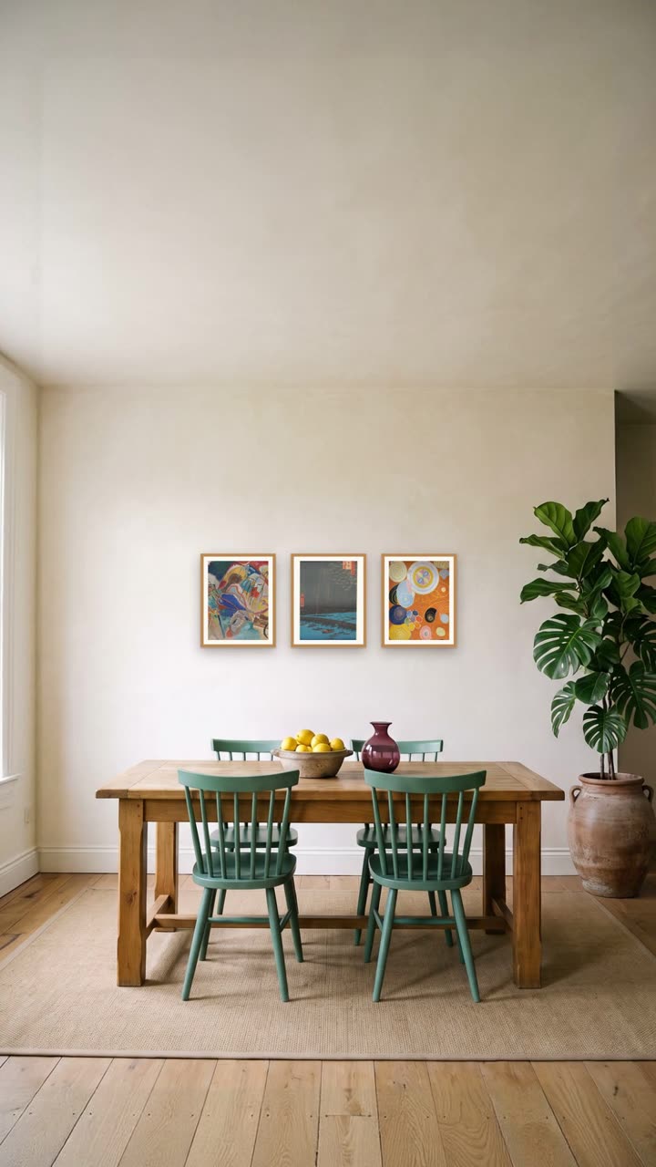 Three prints over the table – Kandinsky, Hiroshige and af Klint in a row over a long oak table.